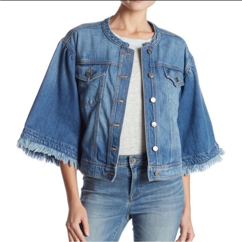 1.STATE Denim Frayed Flair Sleeve Jean Jacket Sz XL NWT